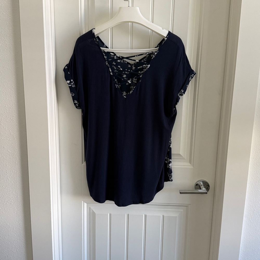 Floral Navy Blouse with Crisscross Back - Picture 3 of 4